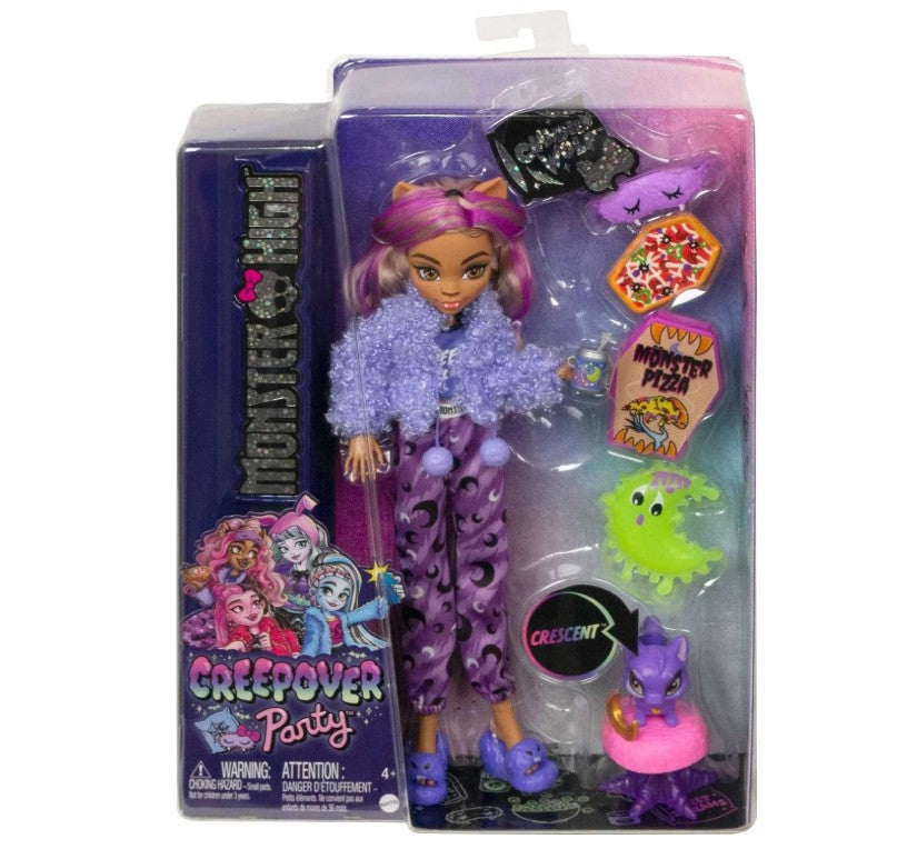 Monster High Creepover Party Doll, Clawdeen Wolf with Pet Dog Crescent, Sleepover Clothes & Accessories like Eye Mask & Pizza