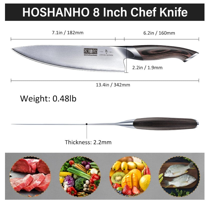 HOSHANHO Kitchen Knife in Japanese High Carbon Steel, High-Class Chef's Knife 8 inch Professional Cooking Knife, Non-slip Ultra Sharp Knives with Ergonomic Handle