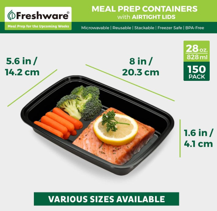 Freshware Meal Prep Containers [150 Pack] 1 Compartment Food Storage Containers with Lids, Bento Box, BPA Free, Stackable, Microwave/Dishwasher/Freezer Safe (28 oz) Secondary image