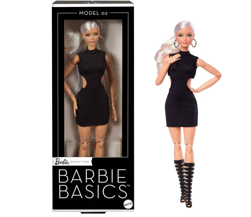 Barbie Basics Model 02 Collector Doll with Blonde Hair, Black Mini Dress & Gladiator Boots, Universal-fit Fashions, Posable Body & Swappable Doll Head Main image