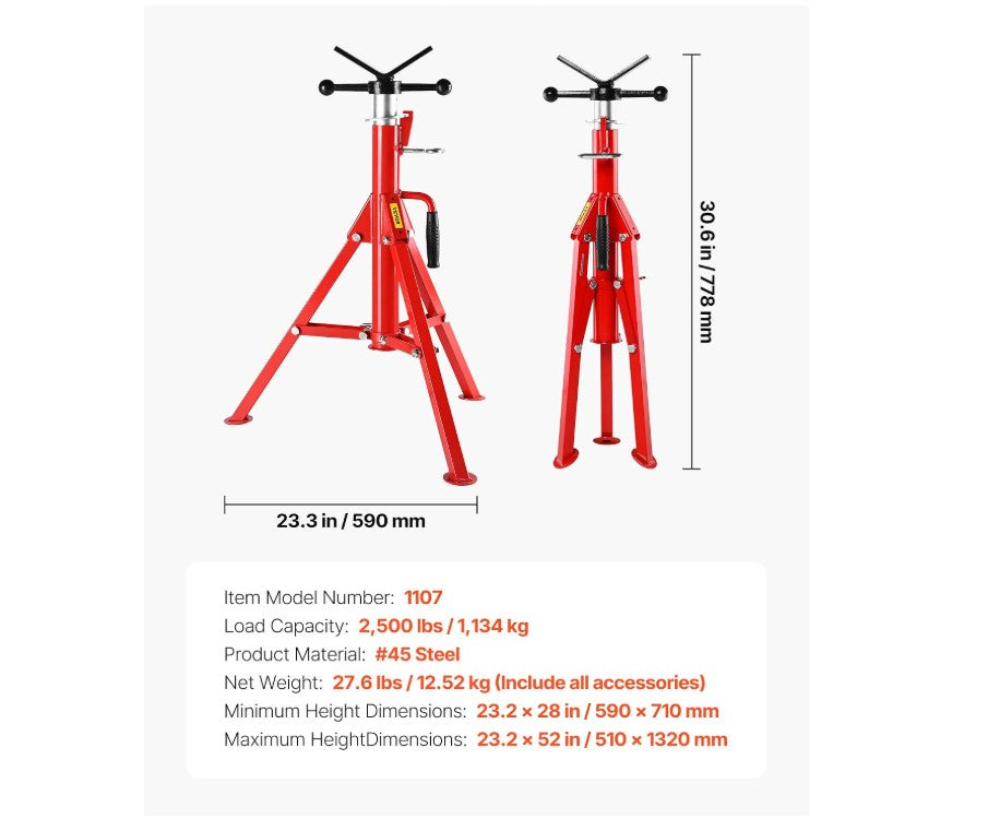 VEVOR Mophorn V Head Pipe Stand Adjustable Height 28-52 Inch, Jack Stands 2500 LB. Capacity,Folding Portable 1/2 to 12 Inch Supporting,Steel