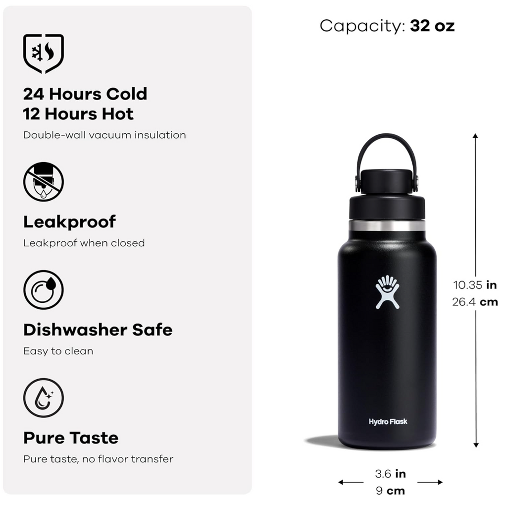 Hydro Flask Water Bottle - Insulated Stainless Steel - Wide Mouth Chug Lid, Non Spill, Leakproof in 32 Oz Birch Gray