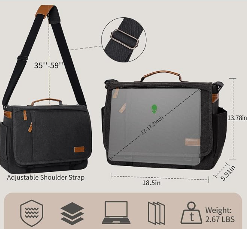 Estarer Laptop Messenger Bag 14-17.3 Inch Water-Resistance Canvas Shoulder Bag for Work College