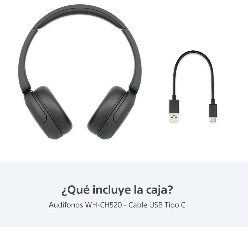 Sony WH-CH520 Best Wireless Bluetooth On-Ear Headphones with Microphone for Calls and Voice Control, Up to 50 Hours Battery Life with Quick Charge Function, Includes USB-C Charging Cable - Black