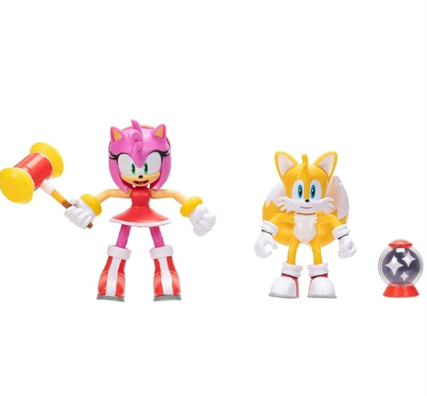 Sonic The Hedgehog Modern Tails and Modern Amy Action Figure, 4"- Pack of 2
