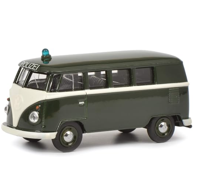 Schuco 452015400 VW T1 Bus Police 1:64, Dark Green, White, Scale