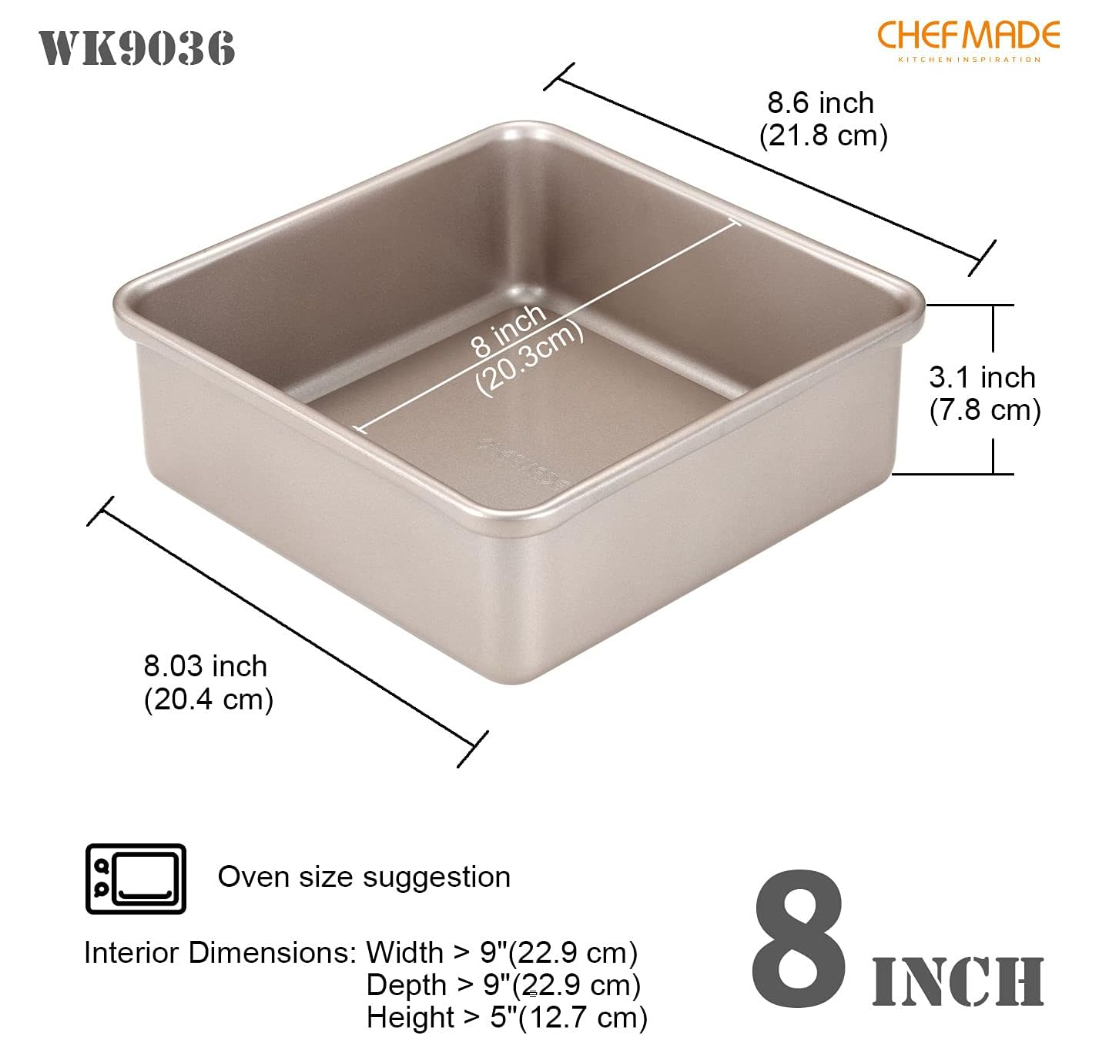 CHEFMADE Square Cake Pan, 8-Inch Deep Dish with Removable Loose Bottom Non-Stick Square Bakeware for Oven Baking