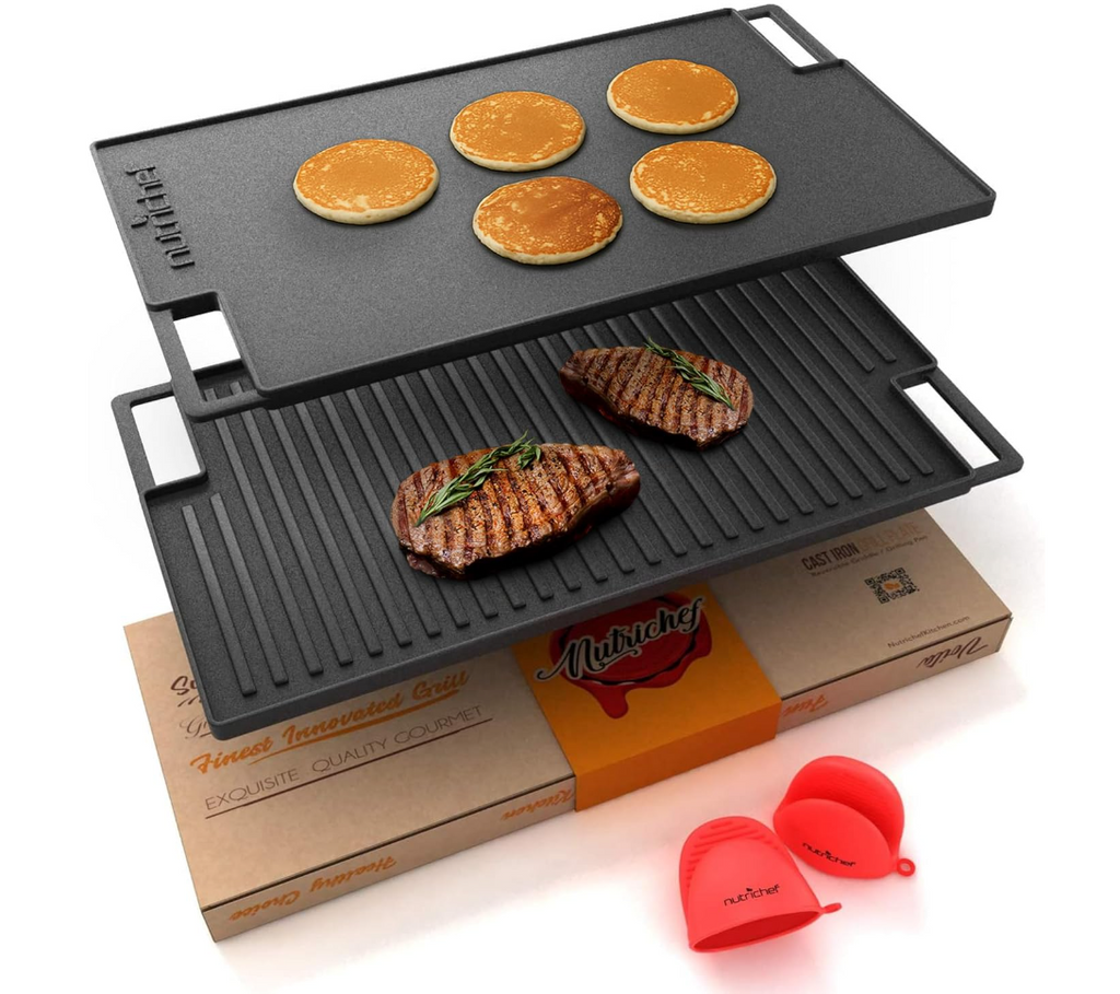 NutriChef Cast Iron Reversible Grill Plate - 18 Inch Flat Cast Iron Skillet Griddle Pan