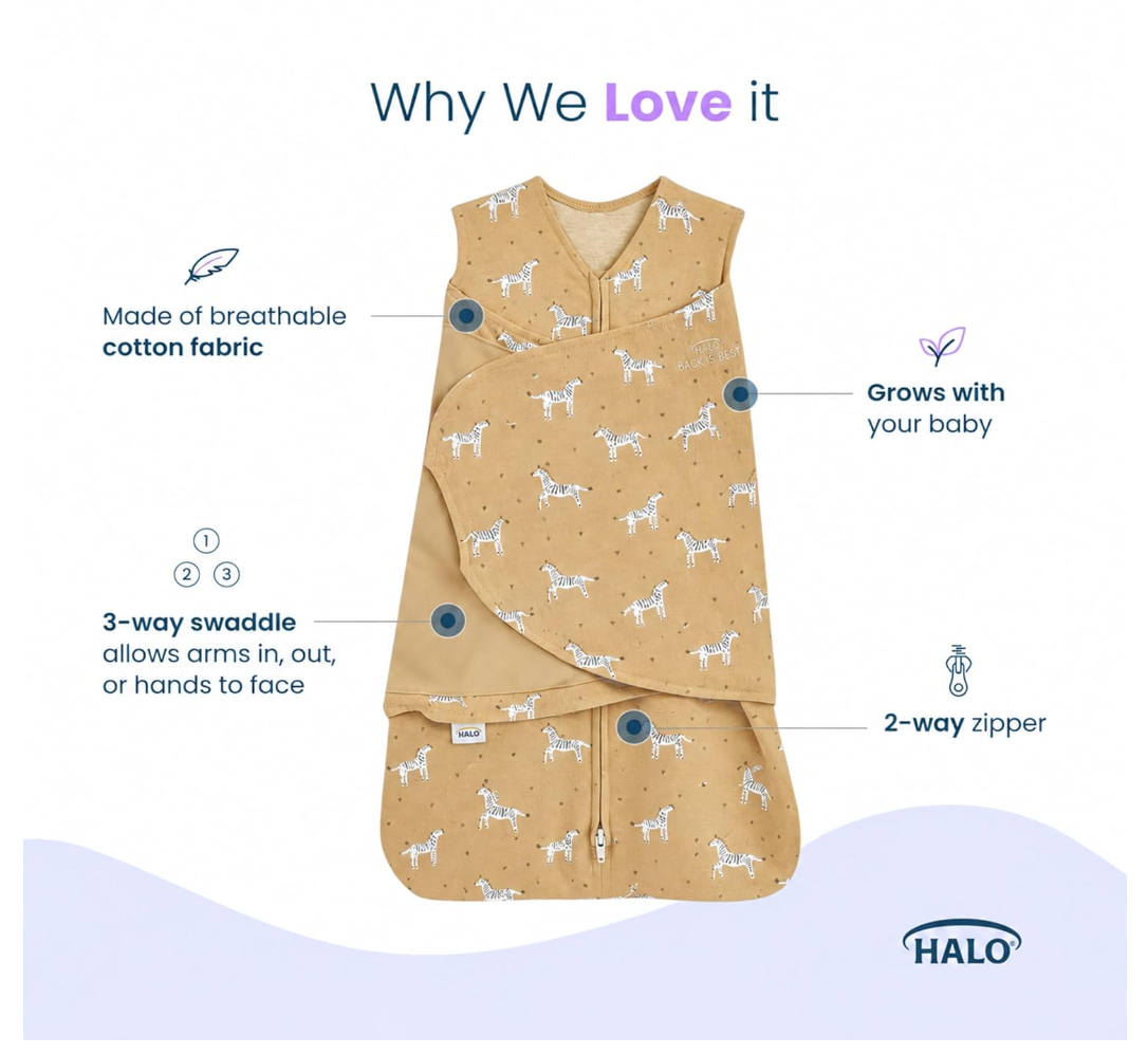 HALO SleepSack Swaddle | Cotton | 1.5 TOG | 68-75°F | 13-18 lbs | 3-6 MTHS |Zebra