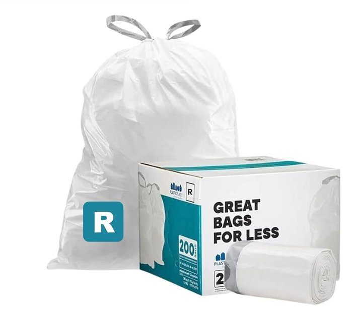 Plasticplace Custom Fit Trash Bags, Compatible with simplehuman Code R (200 Count) White Drawstring Garbage Liners 2.6 Gallon/ 10 Liter 16.5" x 18" Main image