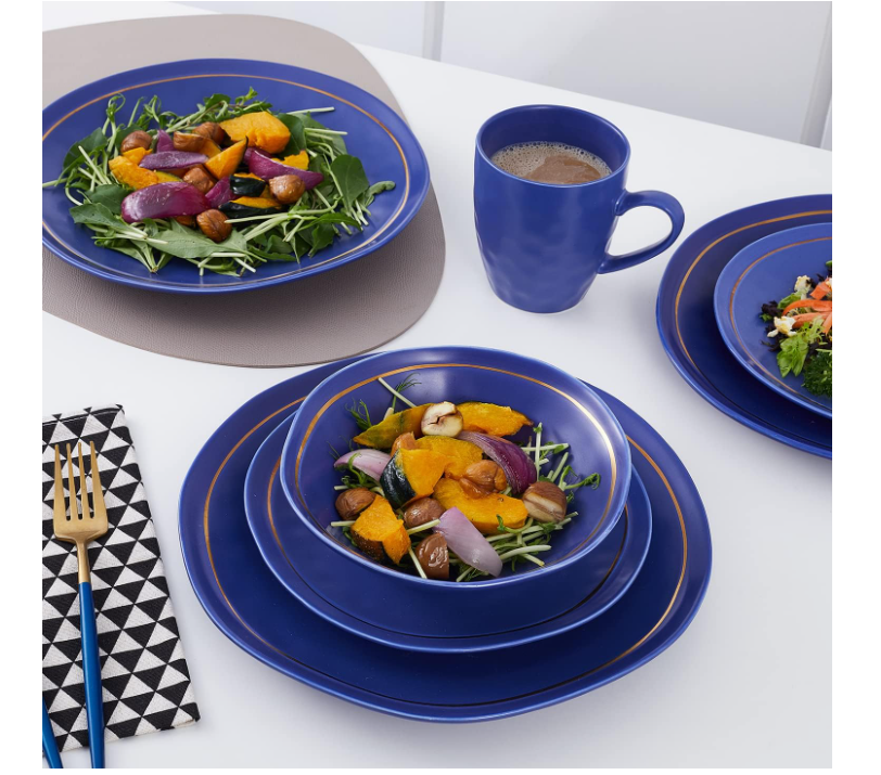 Stone Lain Clara Porcelain 16-Piece Round Dinnerware Set, Blue, Service For 4