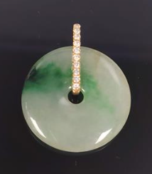 Traditional Chinese Jade Bi Disc Pendant Green Jade Diamond Paved Gold Bail 7.1GM Main image