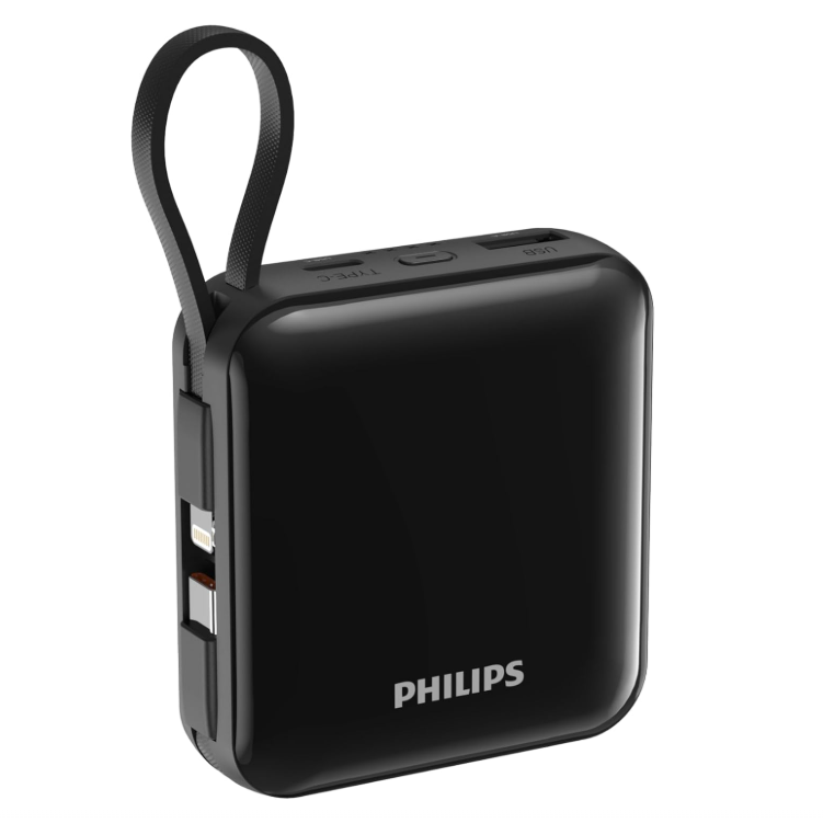Philips 10000mAh Powerbank Super Mini Series PD 22.5W With Type C And Lightning Cable DLP5713 Black