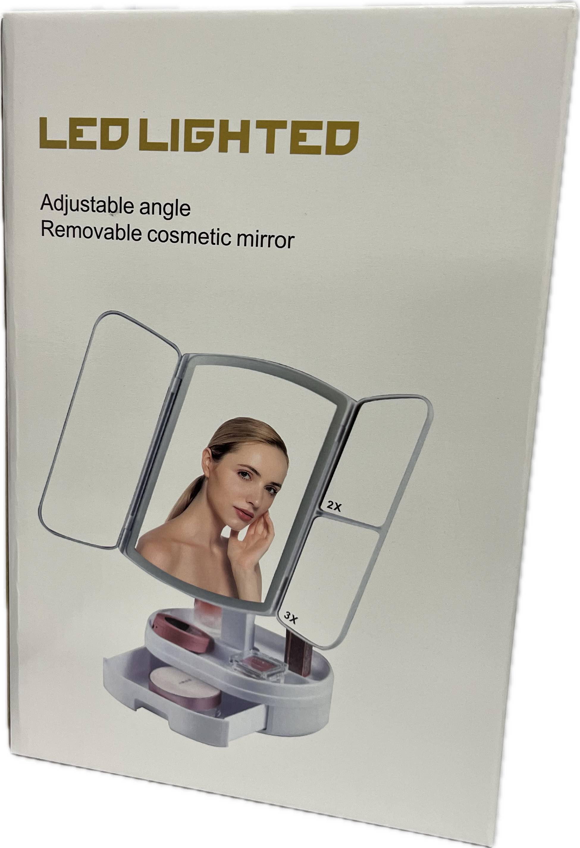 LED Lighted Adjustable Angle Removable TriFold Cosmetic Mirror With Drawer Secondary image