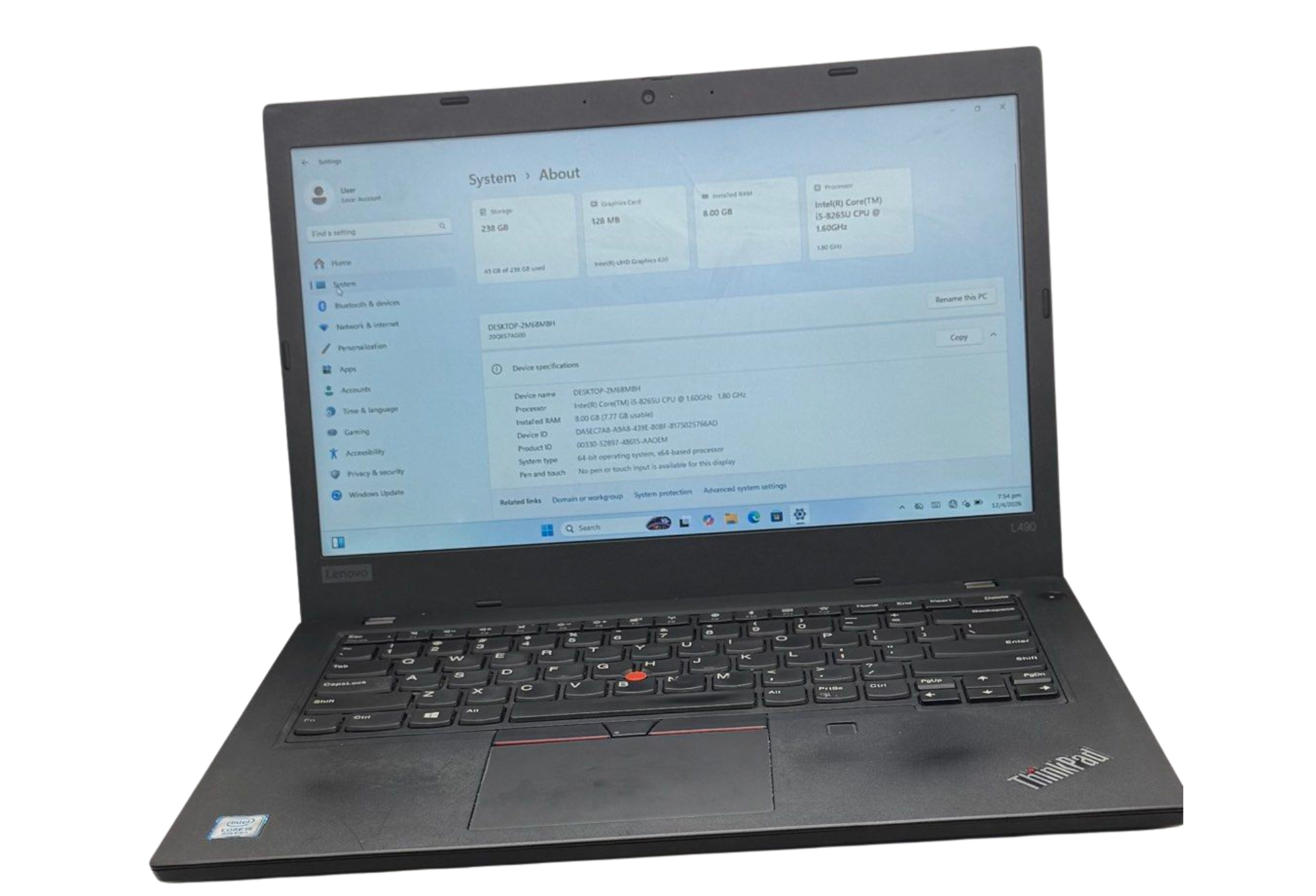 Lenovo Thinkpad L490 /8Gen/Intel(R)core I5-8265U CPU @ 1.60 GHZ/238GB/8GB