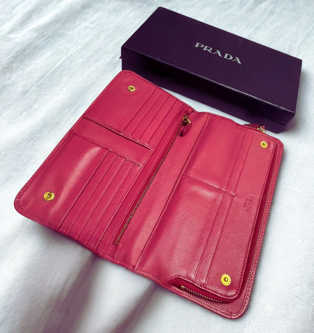 Prada Check Saffiano Leather Wallet Pink