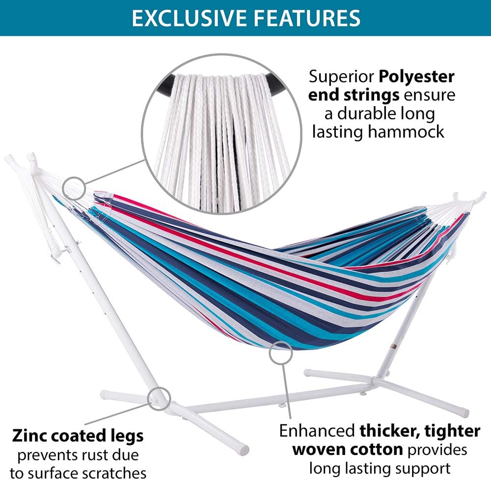 Vivere Double Cotton Hammock with Space Saving White Steel Stand