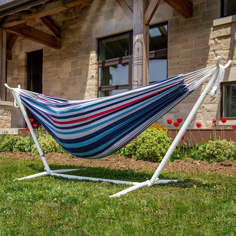 Vivere Double Cotton Hammock with Space Saving White Steel Stand