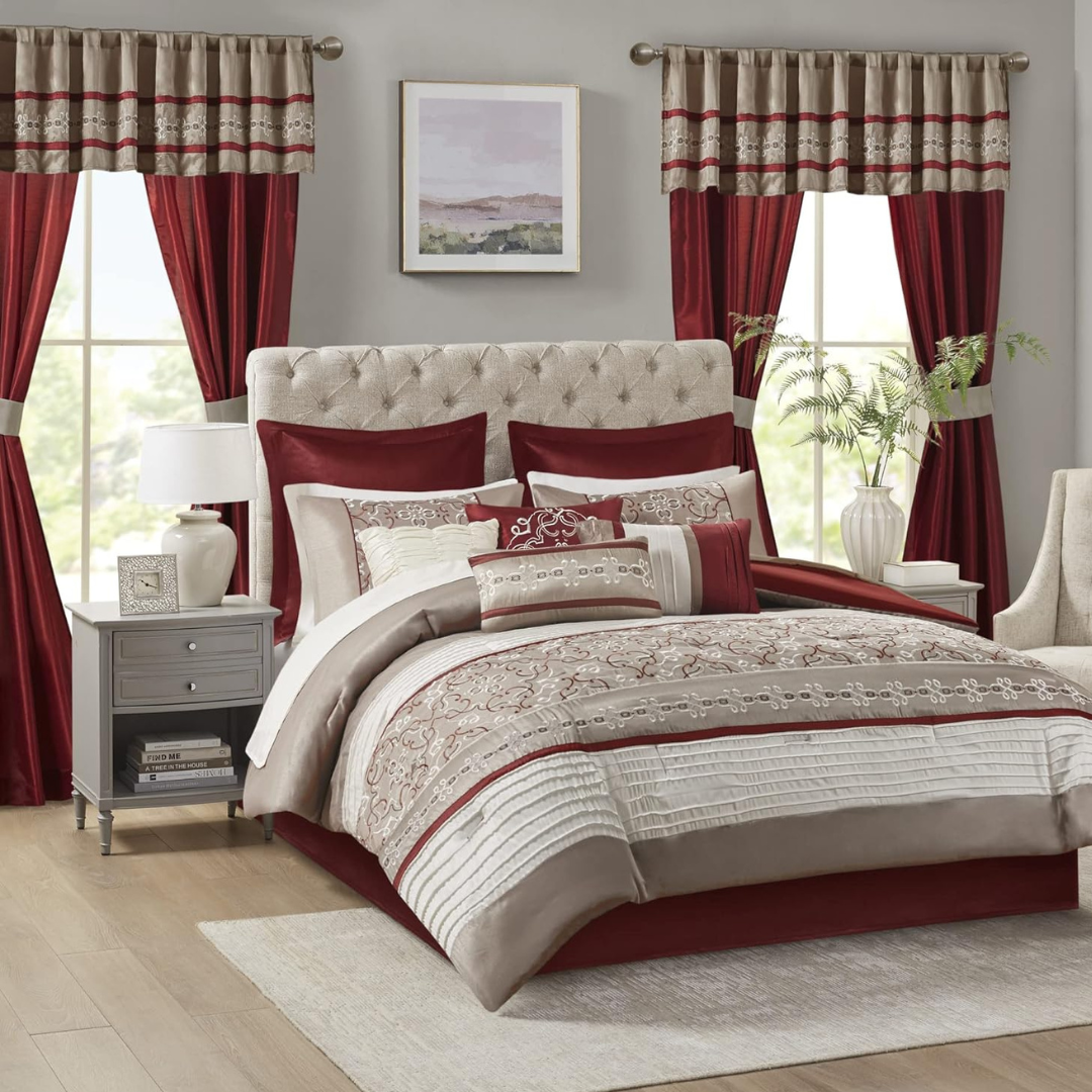 Madison Park Essentials Jelena Room in A Bag Faux Silk Comforter Classic Luxe All Season Down Alternative Bedding, Matching Bedskirt, Curtains, Decorative Pillows, Queen(90"x90"), Red, 24 Piece