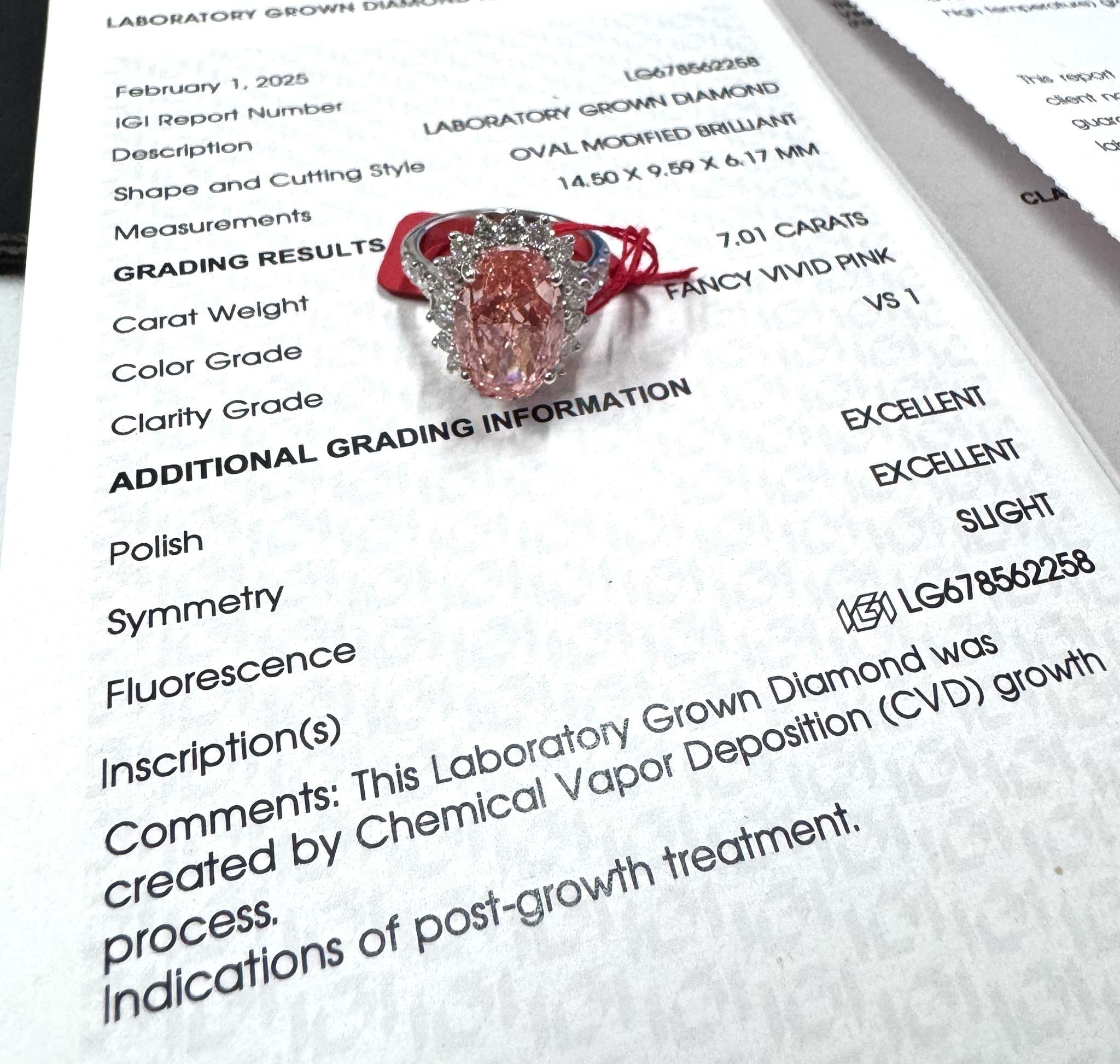 18KWG Pink Lab Grown Diamond=7.01cts, D26=1.34cts,VS1 Lady RIng With Cert