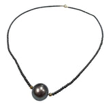 18KYG Hematite Beads With Black Pearl=13mm Necklace