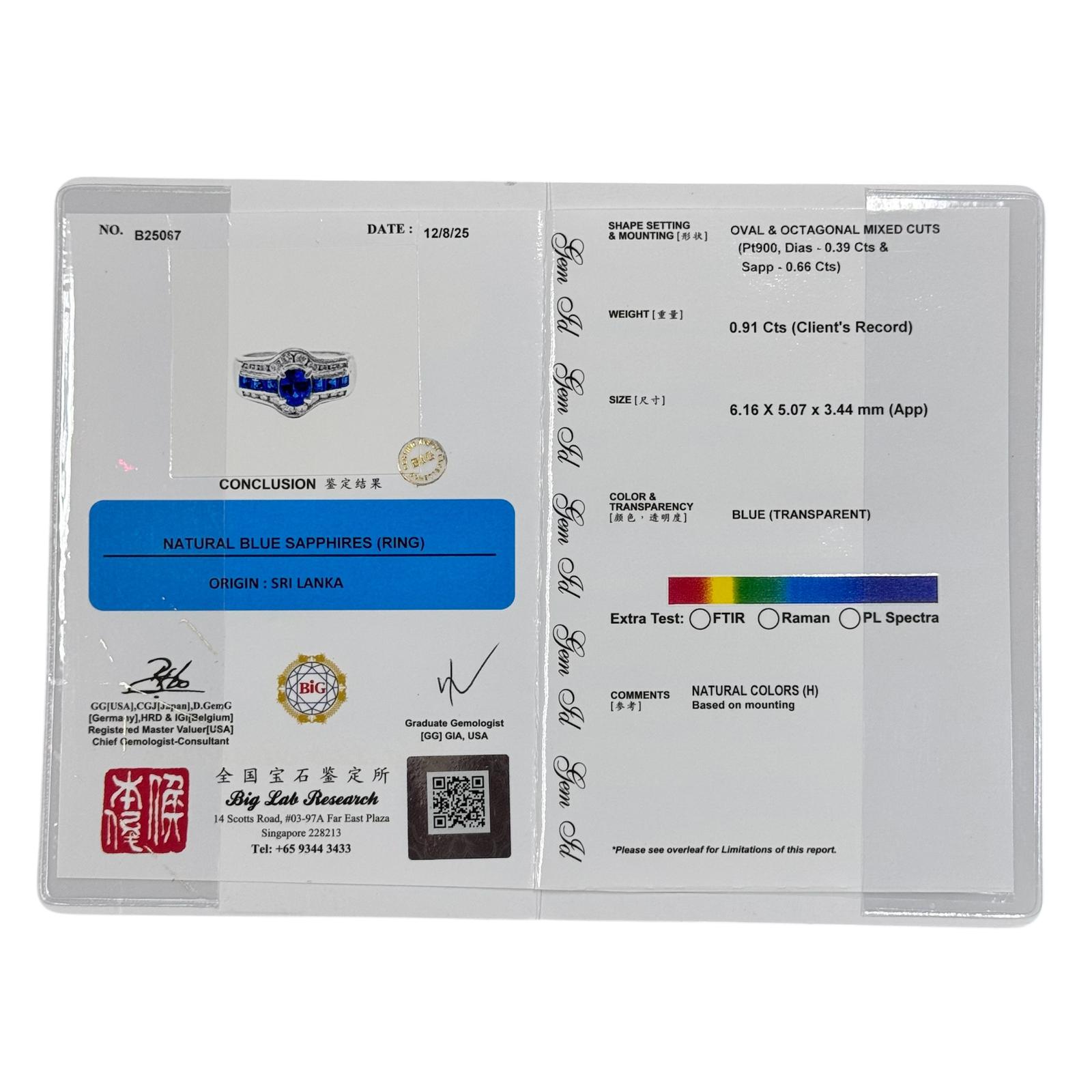 PT900 Blue Sapphire=1.57cts , Diamond=0.39cts w/Cert