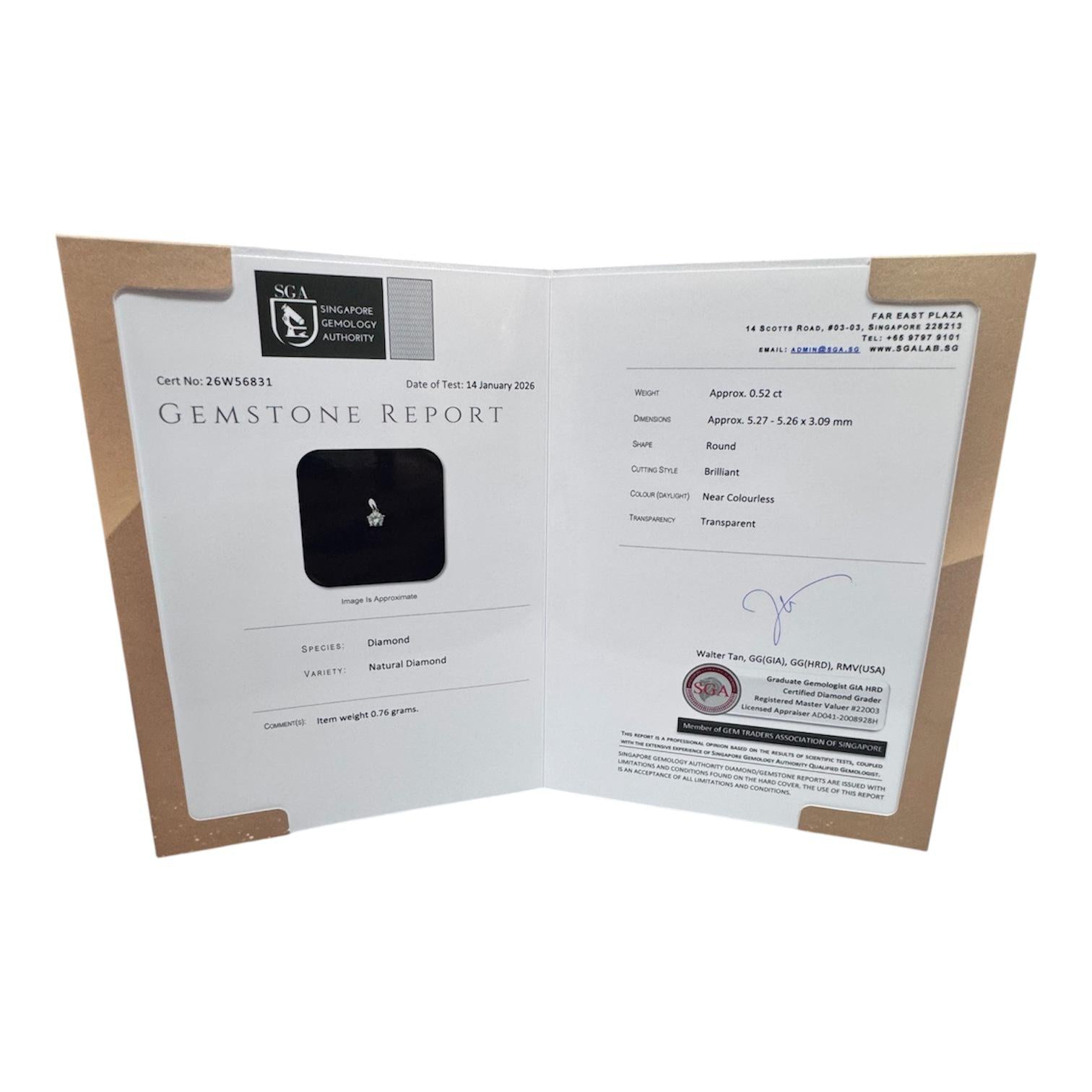 750WG Solitaire Natural Diamond=0.52cts w/Chain and Cert Secondary image