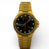 Vintage Bulova  gold-plated Watch featuring a black dial with Crystal hour markers and a Roman numeral bezel