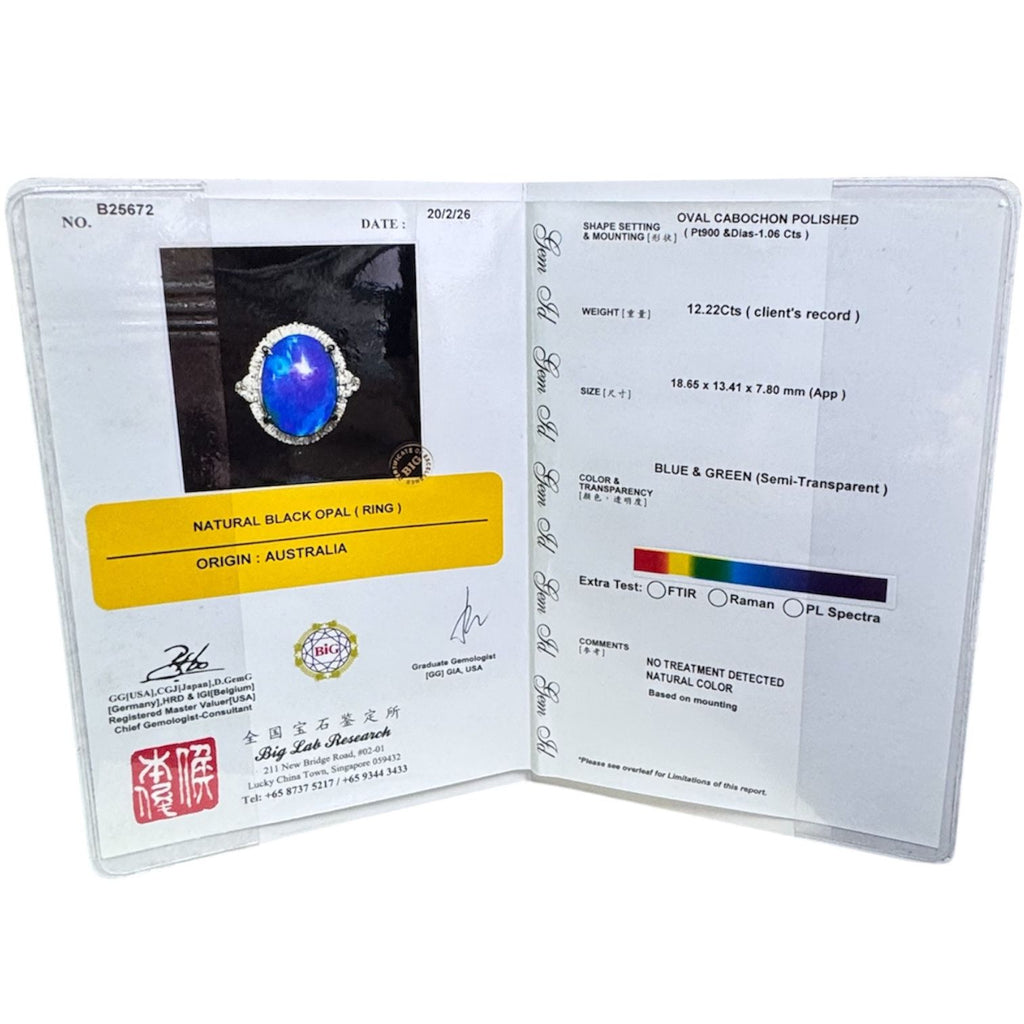 PT900 Black Opal=12.22cts, Diamond=1.06cts Ring w/Cert