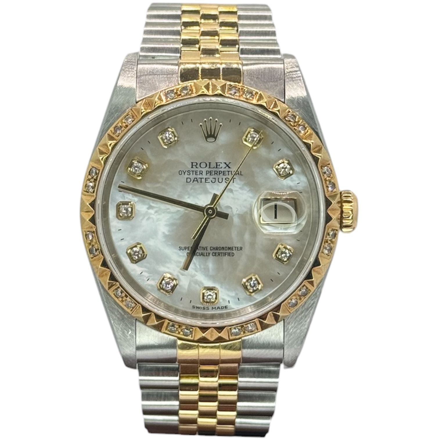 Rolex 16233 Datejust Halfgold Mother Of Pearl Dial, Diamonds Index and Bezel Watch, 36mm