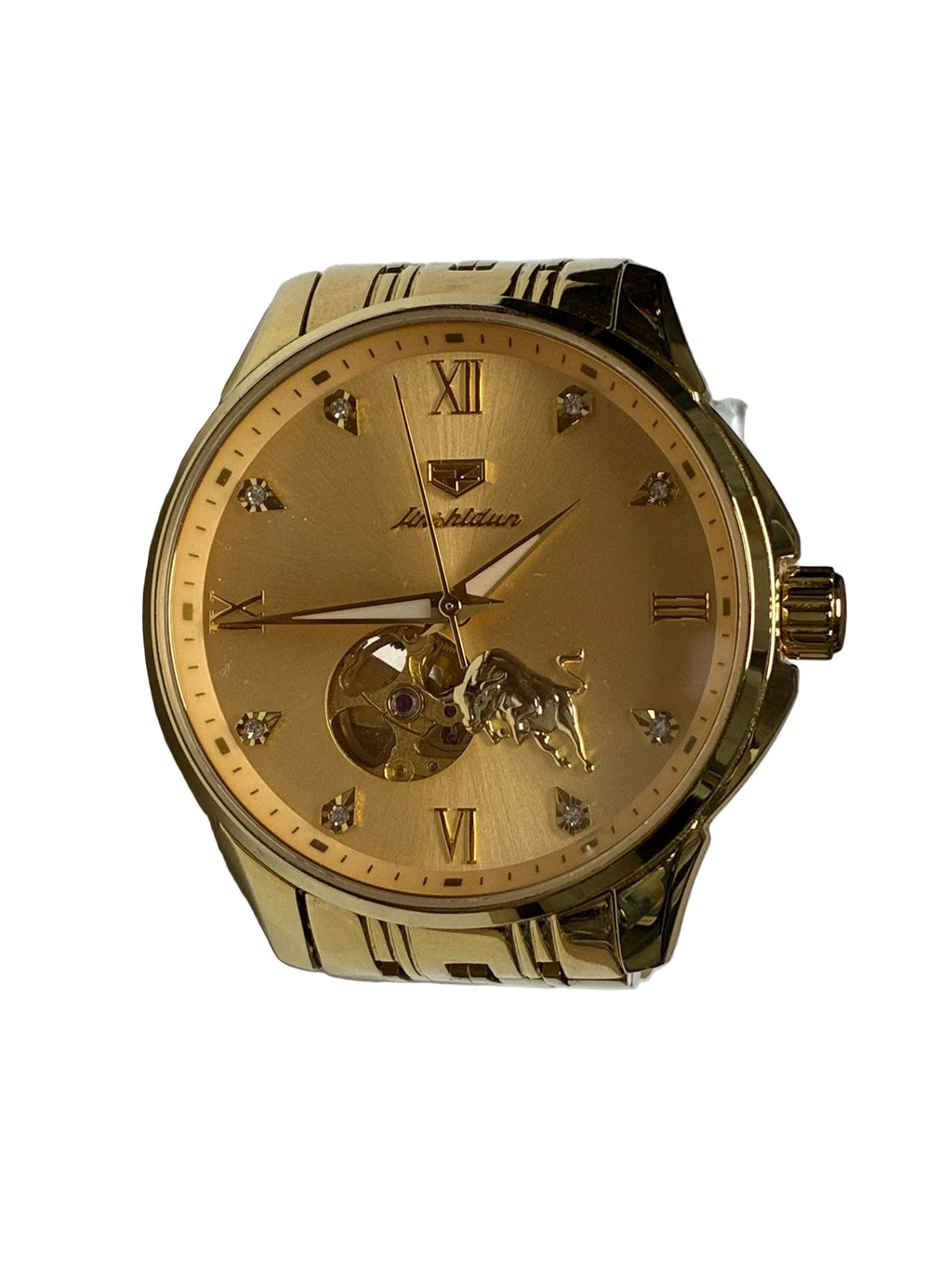 Jinshidun JSDUN Mens Automatic Mechanical Golden Bull Tourbillon OpenHeart Watch