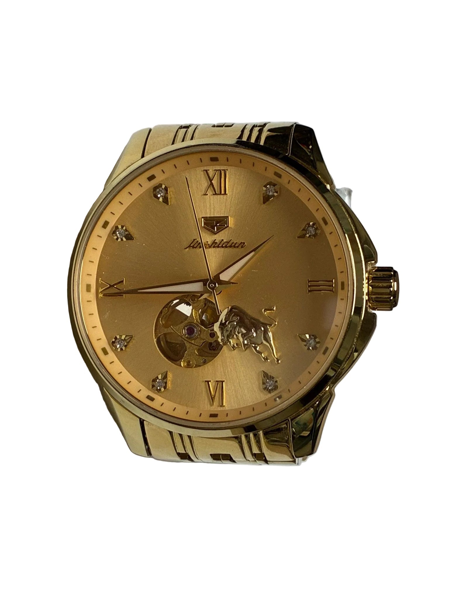 Jinshidun JSDUN Mens Automatic Mechanical Golden Bull Tourbillon OpenHeart Watch