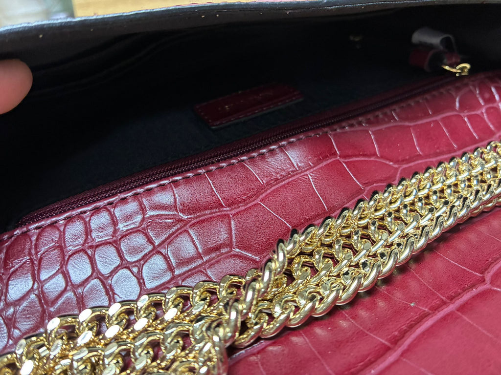 Nine West Croc Embossed PVC Flap Crossbody Bag Burgundy