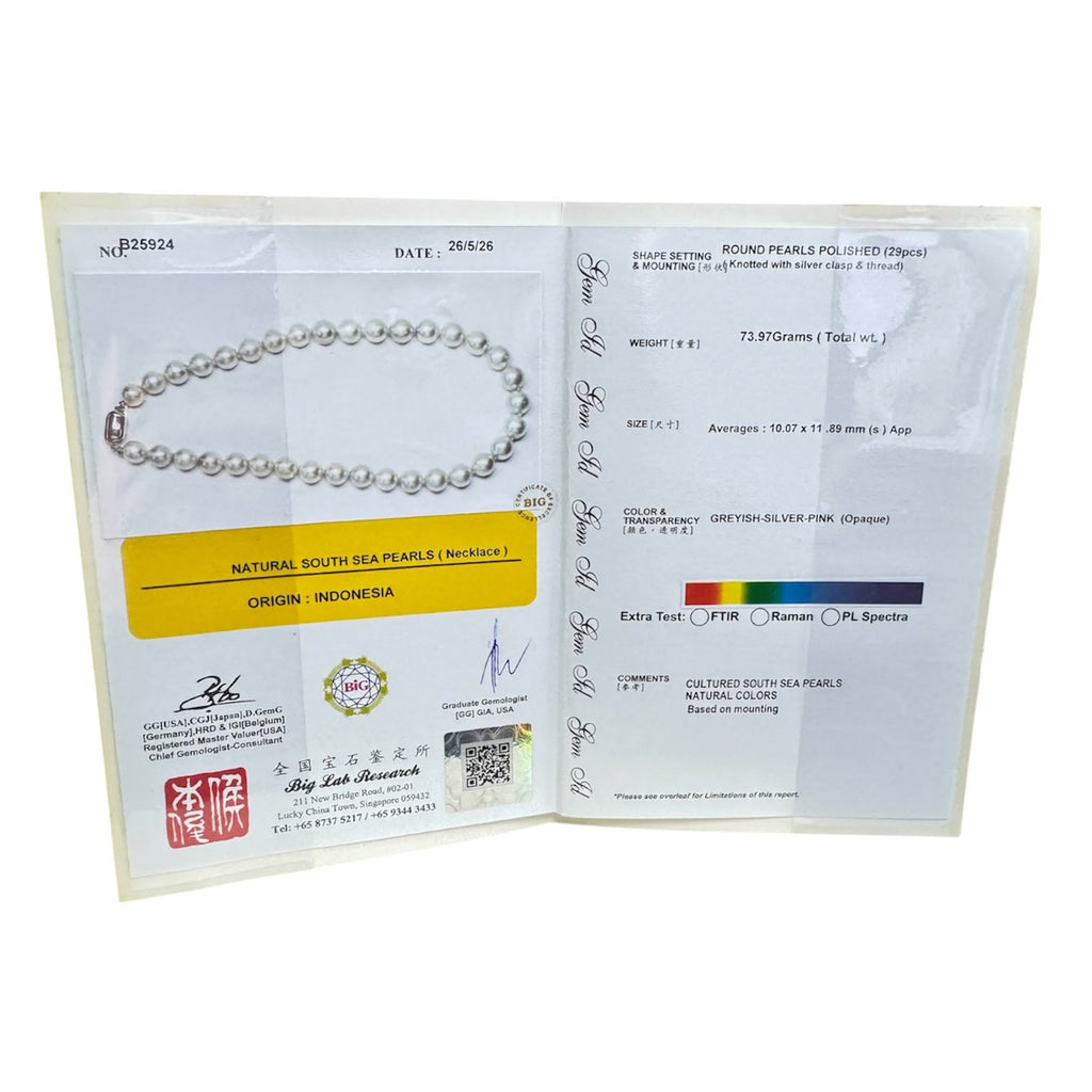 White South Sea Pearl=10.1-11.9mm Silver Clasp w/Cert