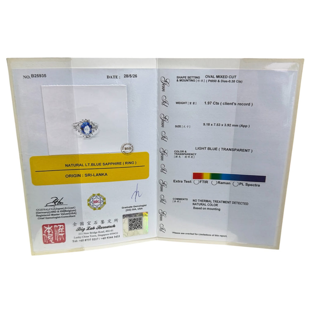 PT850 Natural Blue Sapphire=1.97cts, Diamond=0.38cts Ring w/Cert