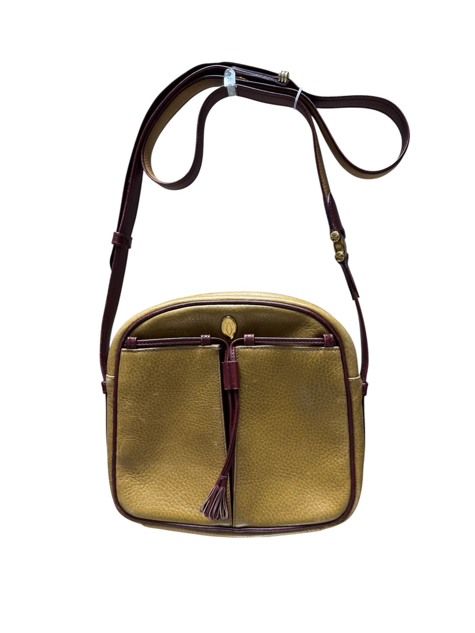 Cartier Shoulder Bag Mustard Leather Burgundy Trim