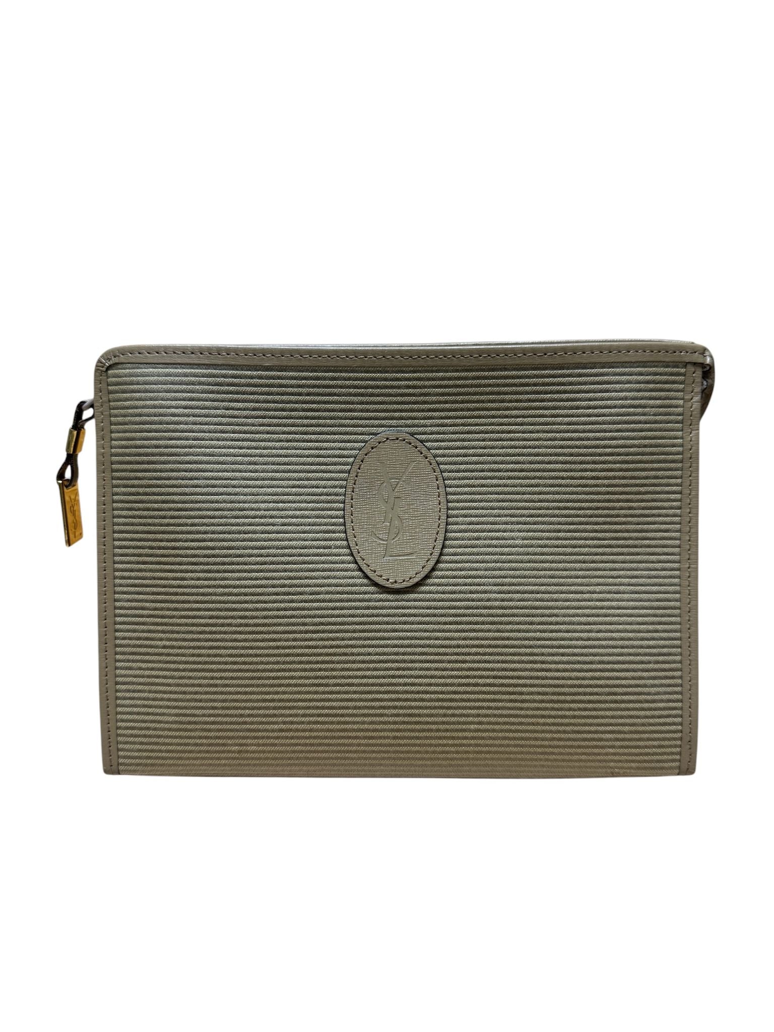 Yves Saint Laurent Clutch Bag Vint Oliver Grey&nbsp; Canvas Stripes Yes Logo