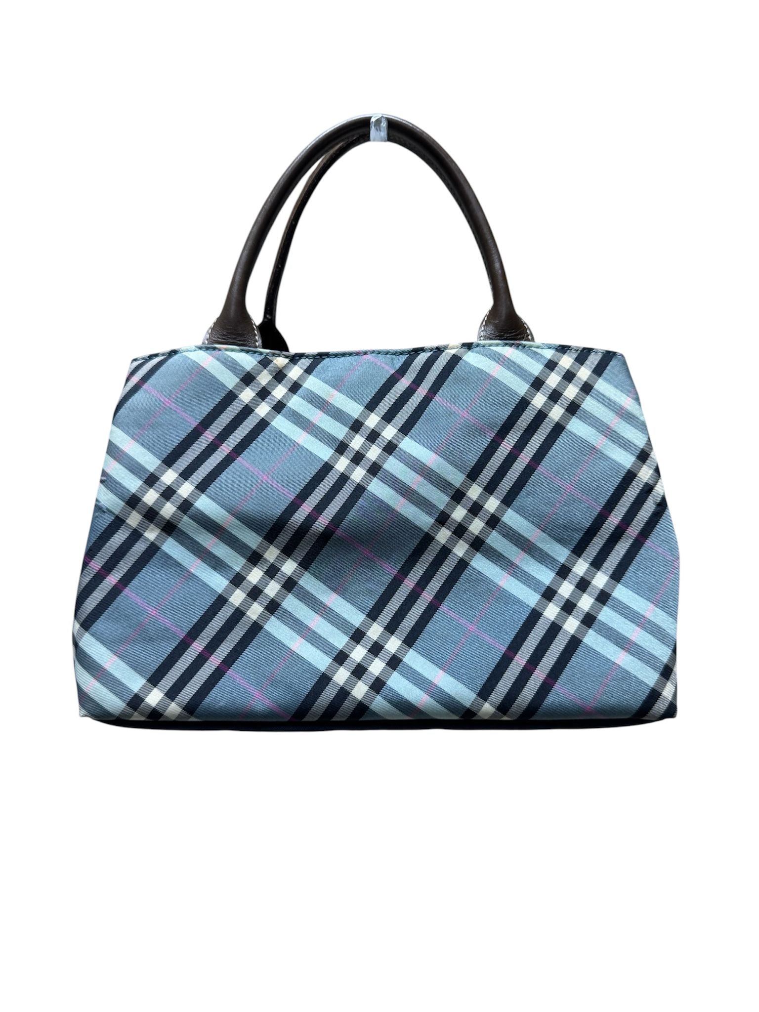 Burberry Blue Label Tote Bag Blue Checked Canvas Leather Strap