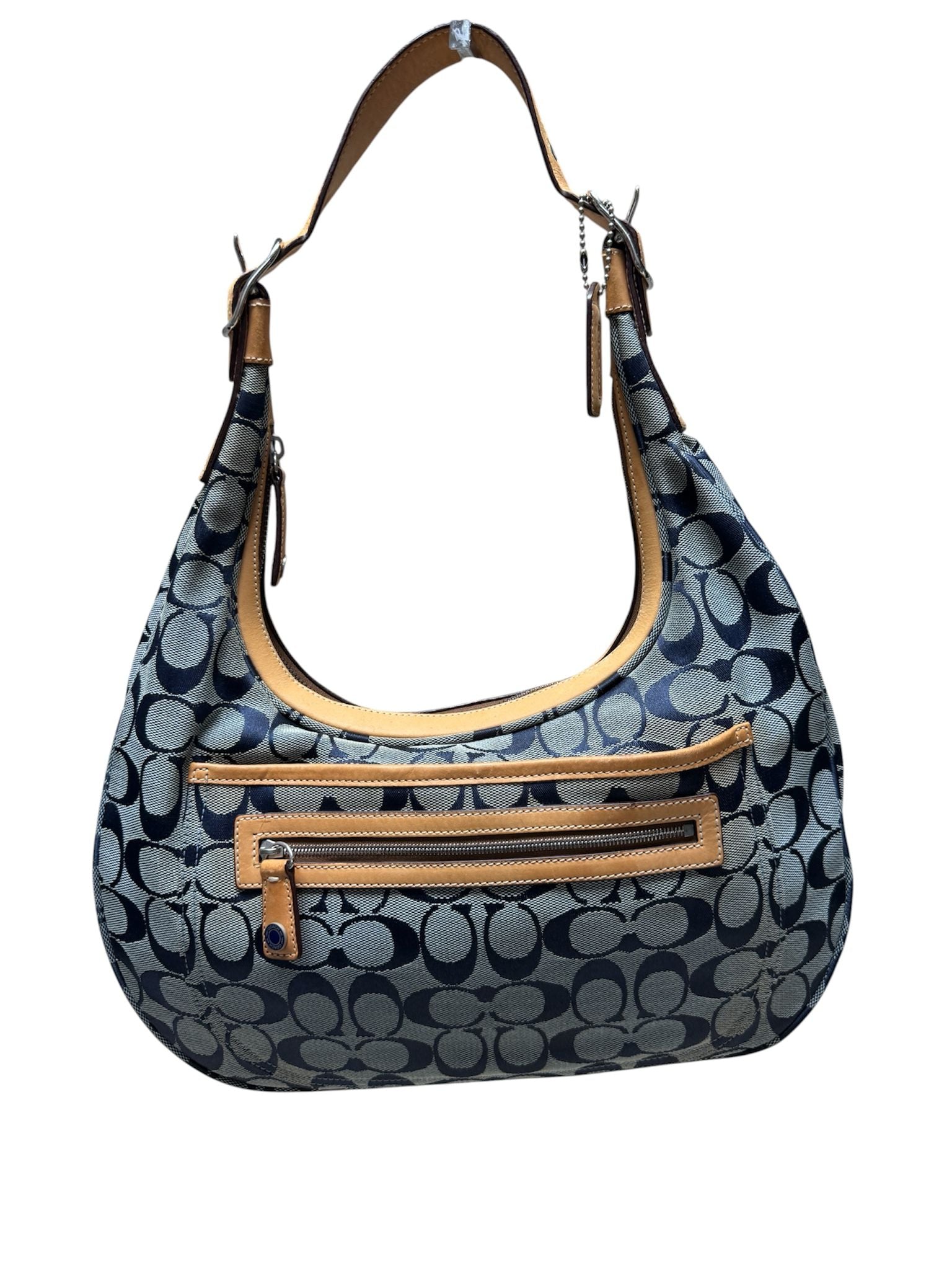 Coach Shoulder Bag Grey Canvas Brown Leather Strap