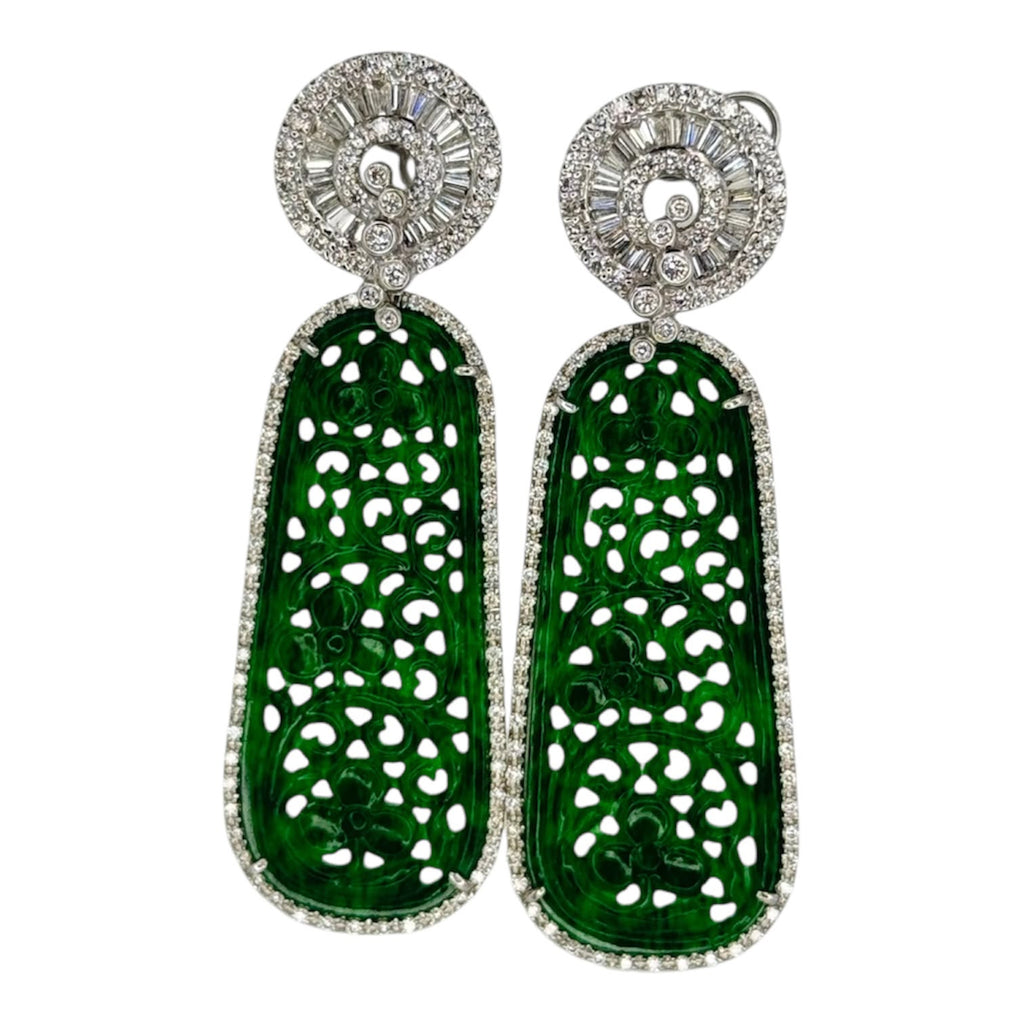 750WG Ruyi Carving Jadeite Diamond Earrings With Cert