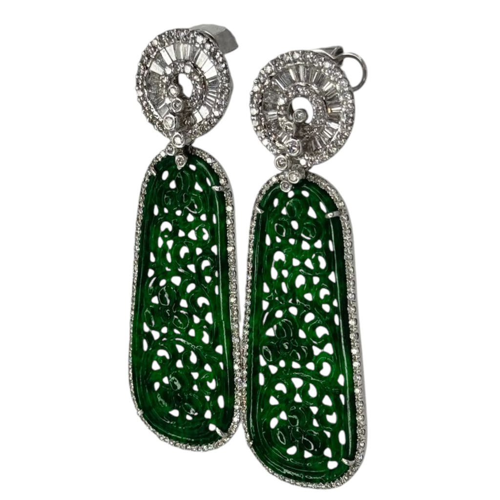 750WG Ruyi Carving Jadeite Diamond Earrings With Cert