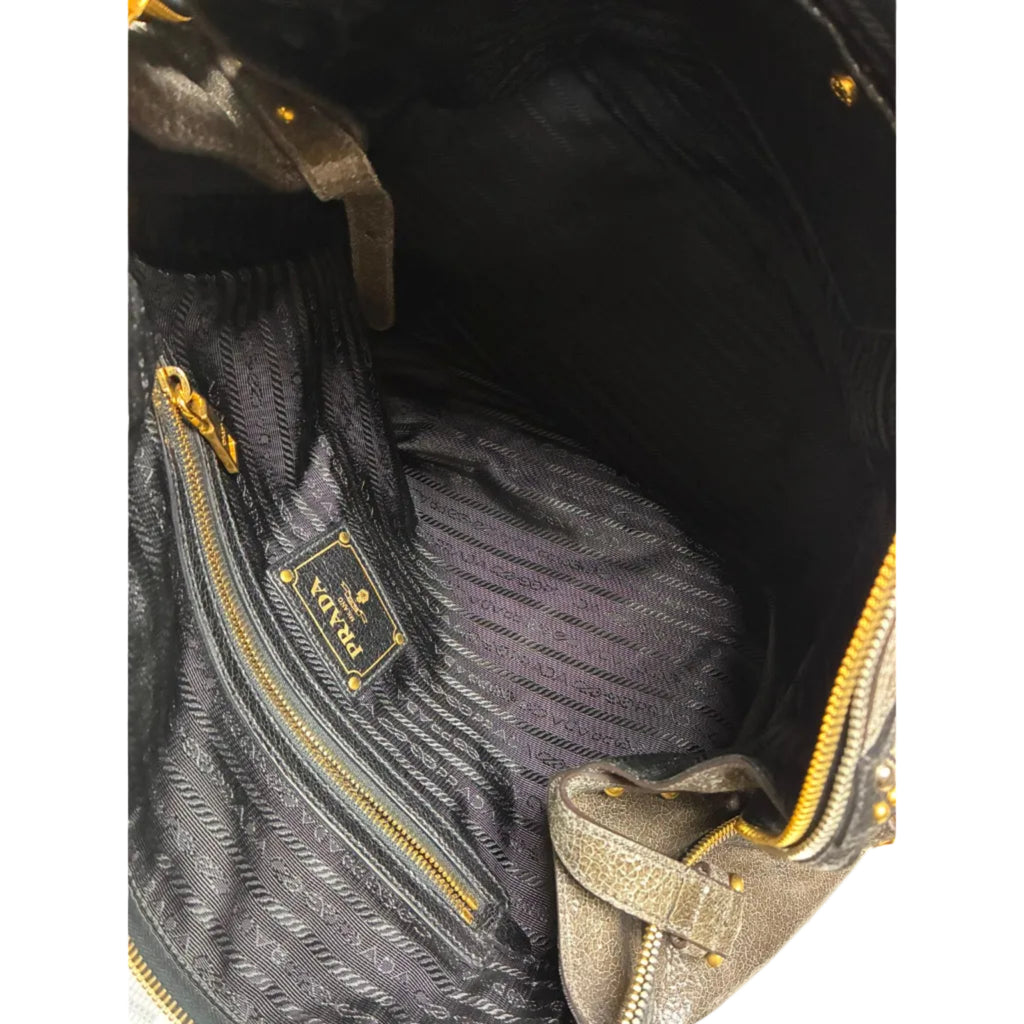 Prada Craquele Leather Studded Bauletto Large Tote