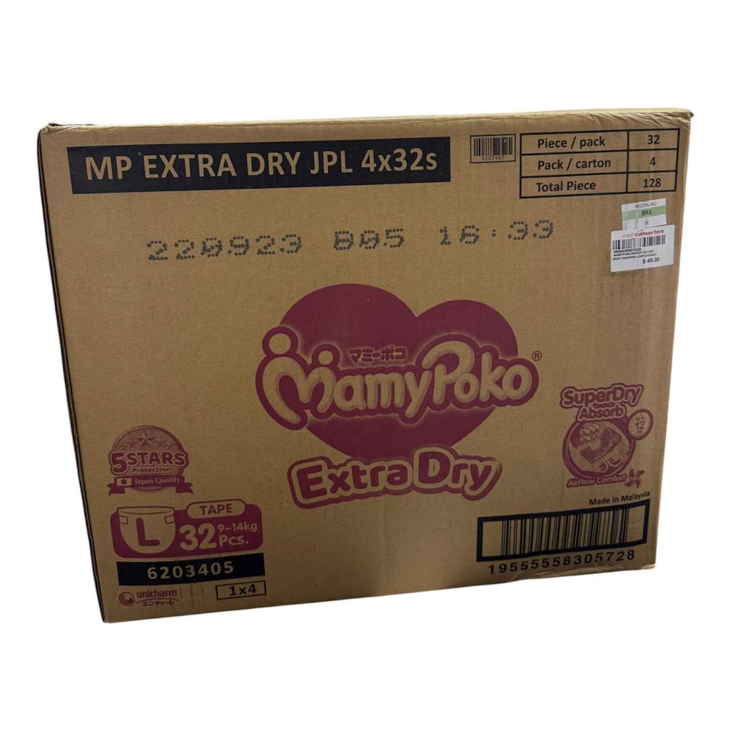 MamyPoko Extra Dry Tape Baby Diapers, L, 9-14kg, 32 Pcs x 4 Packs - Jumbo Pack