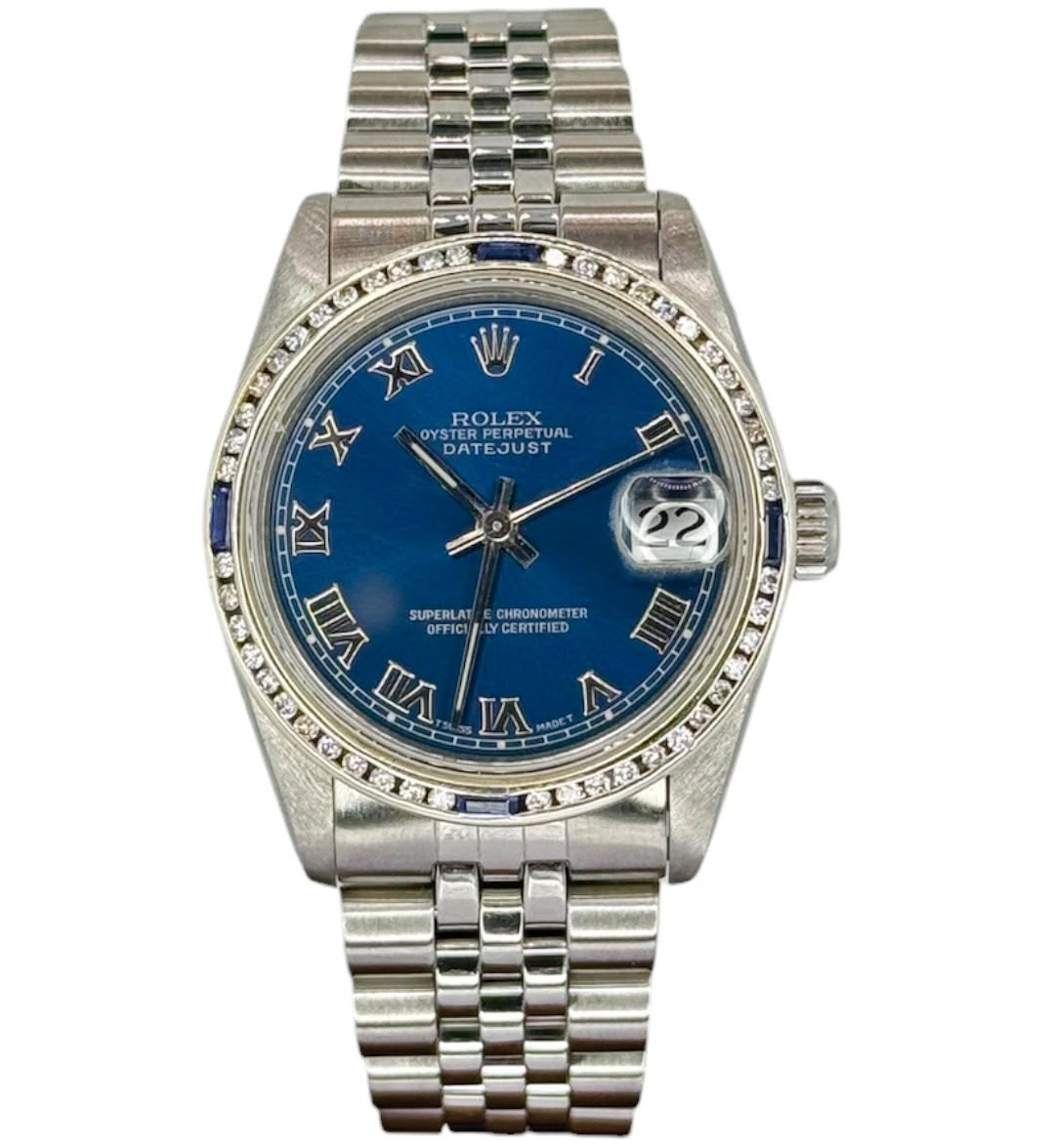 Rolex 68274 Automatic Mid Size Custom Blue Sapphire Diamond Bezel Blue Dial Watch, 31mm Main image