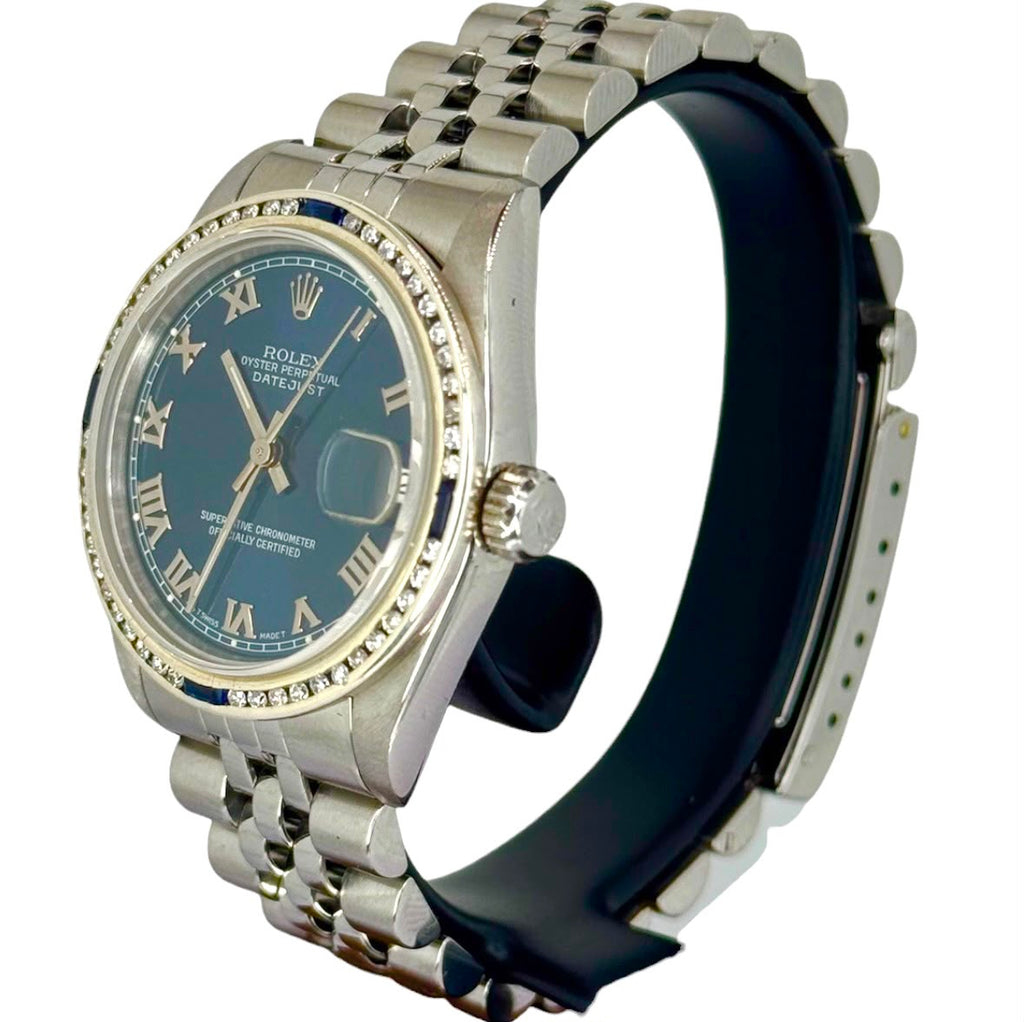 Rolex 68274 Automatic Mid Size Custom Blue Sapphire Diamond Bezel Blue Dial Watch, 31mm