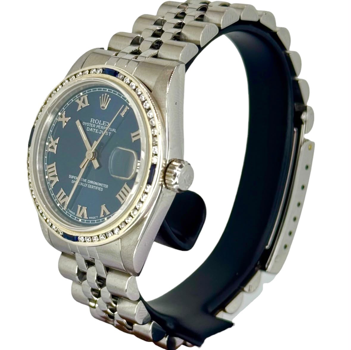 Rolex 68274 Automatic Mid Size Custom Blue Sapphire Diamond Bezel Blue Dial Watch, 31mm