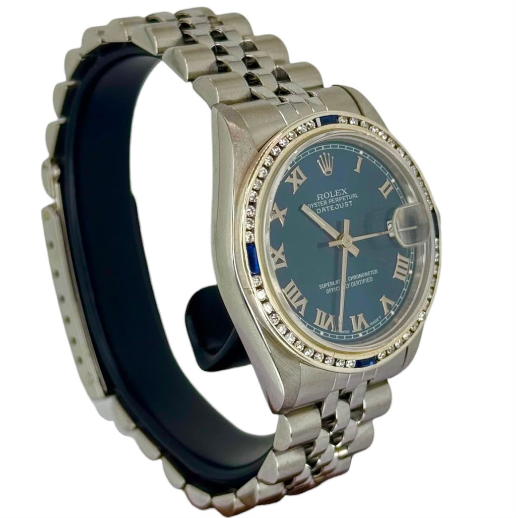 Rolex 68274 Automatic Mid Size Custom Blue Sapphire Diamond Bezel Blue Dial Watch, 31mm