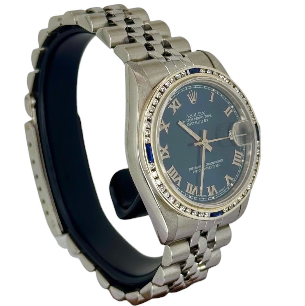 Rolex 68274 Automatic Mid Size Custom Blue Sapphire Diamond Bezel Blue Dial Watch, 31mm