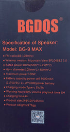 Water-Resistant Bluetooth Speaker - BG-9MAX