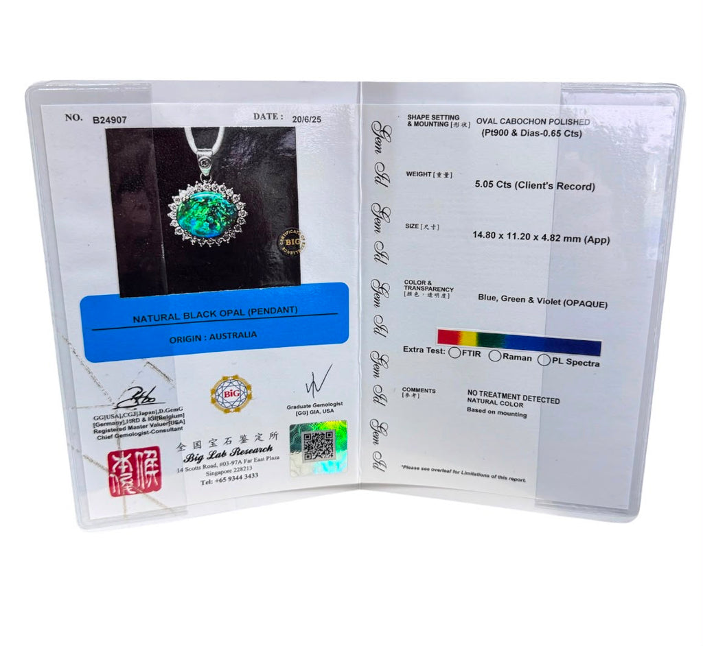 PT900 Black Opal=5.05cts,Diamond Pendant With Cert